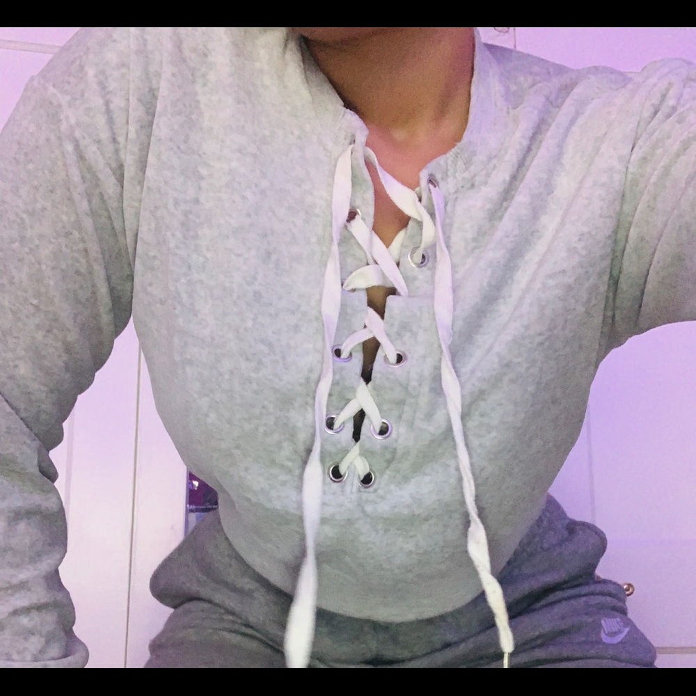 Grey lace up crew neck hoodie
